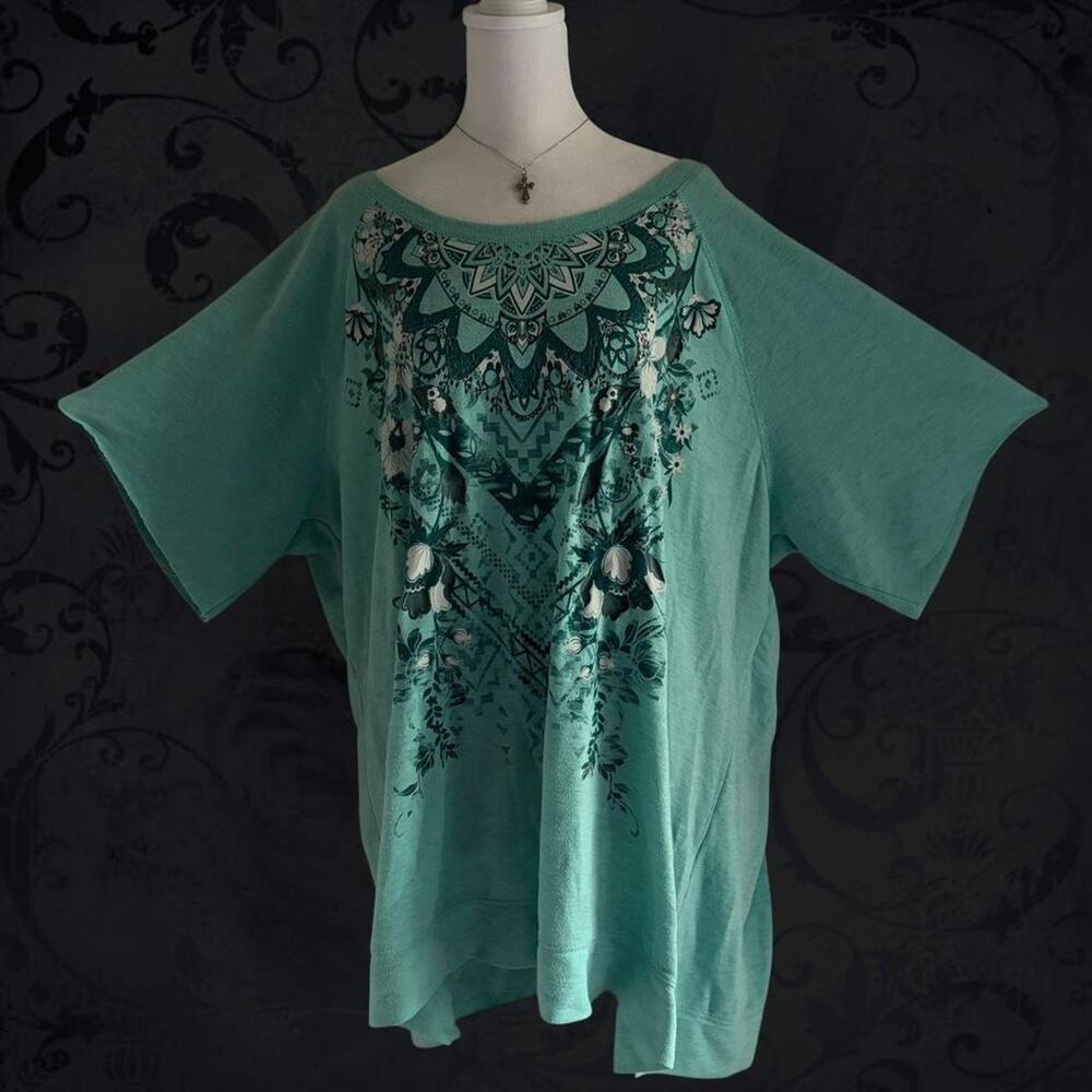 ornate placement print sky blue raw cut fairy ethereal fairy boho grunge top